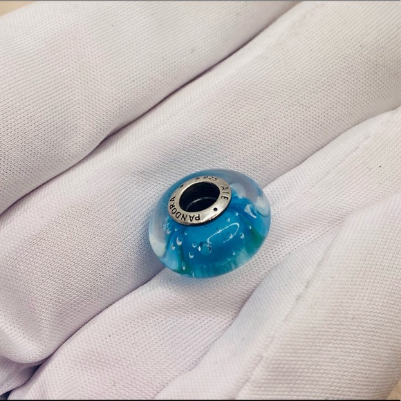 EUC Pandora 791618CZ Sterling Silver Blue Effervescence Murano Glass Charm w/ CZ - Picture 4 of 8